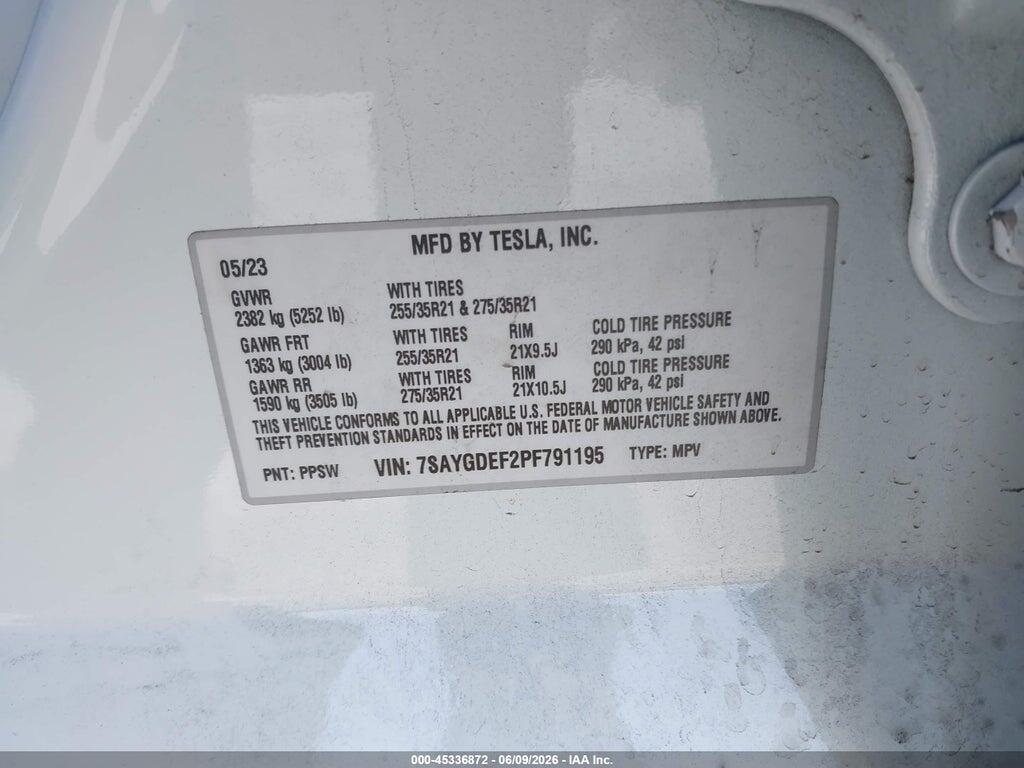 7SAYGDEF2PF791195 2023 TESLA MODEL Y photo no. 9