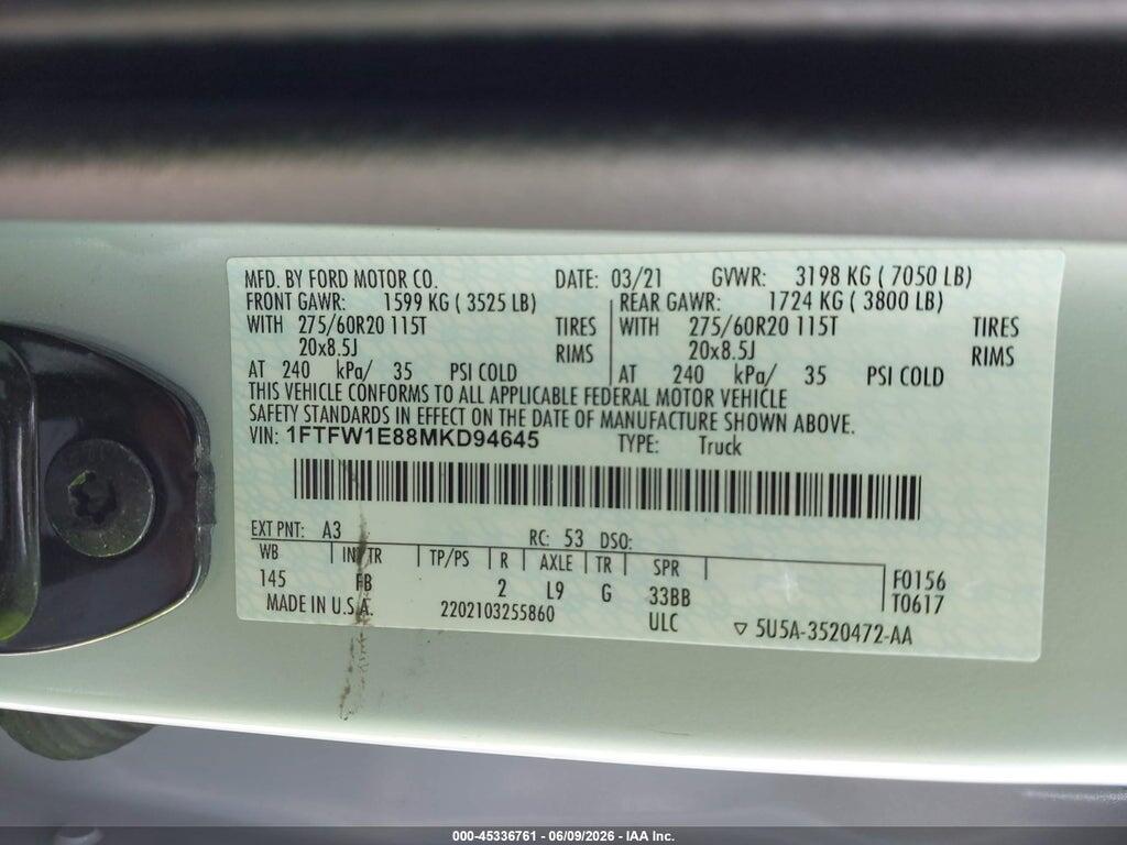 1FTFW1E88MKD94645 2021 FORD F-150 photo no. 9