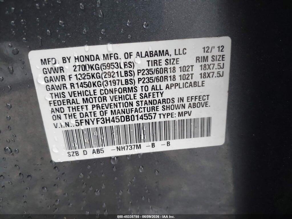 5FNYF3H45DB014557 2013 HONDA PILOT photo no. 9