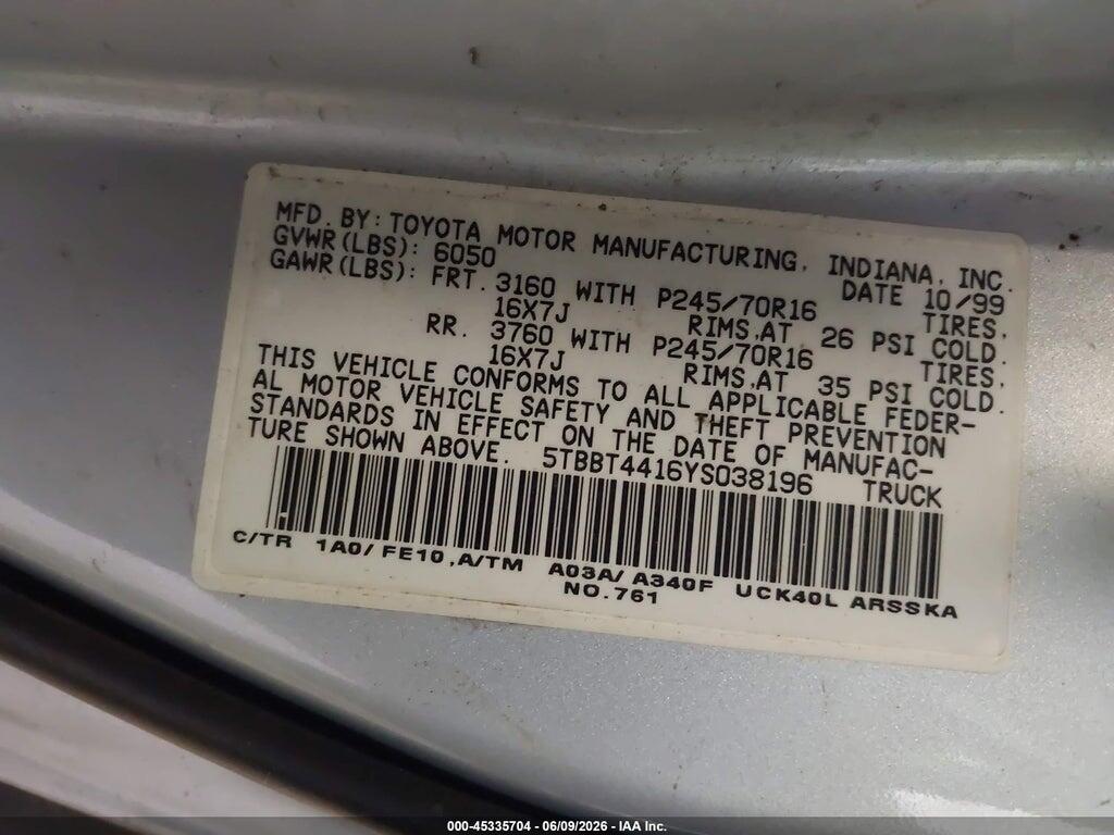 5TBBT4416YS038196 2000 TOYOTA TUNDRA photo no. 9