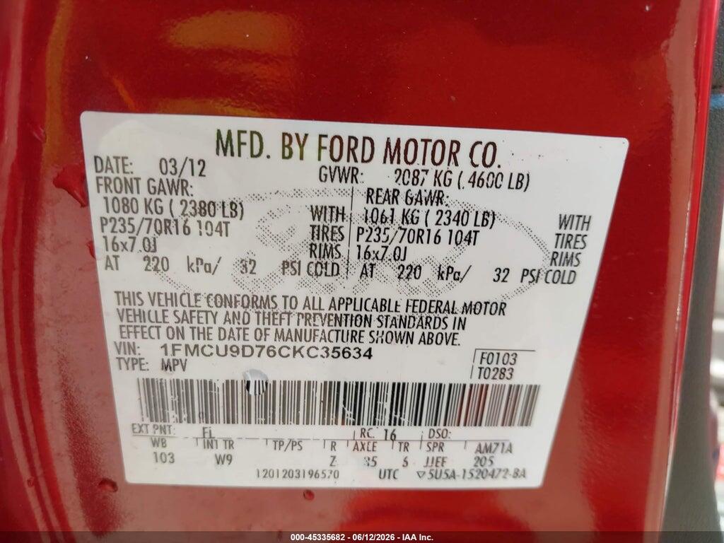 1FMCU9D76CKC35634 2012 FORD ESCAPE photo no. 9