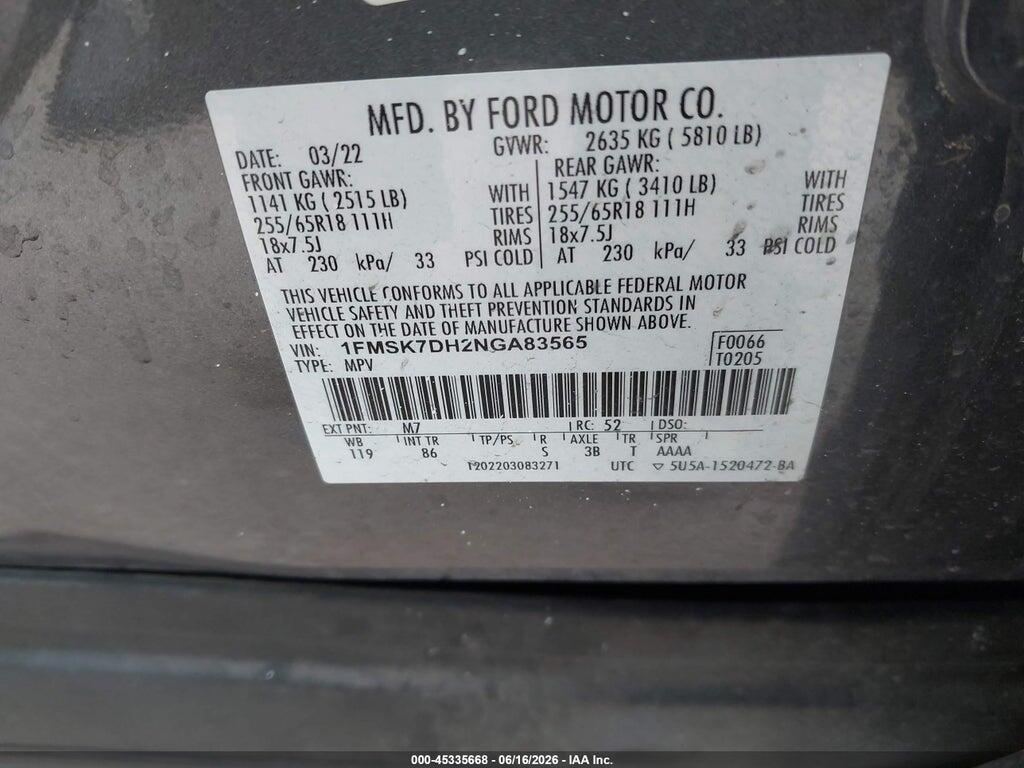 1FMSK7DH2NGA83565 2022 FORD EXPLORER photo no. 9