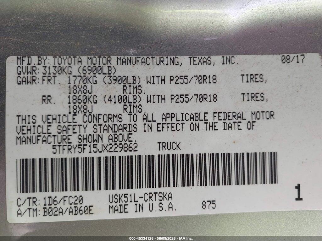 5TFRY5F15JX229862 2018 TOYOTA TUNDRA photo no. 9