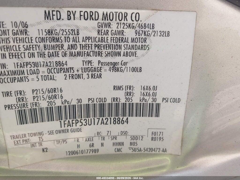 1FAFP53U17A218864 2007 FORD TAURUS photo no. 9