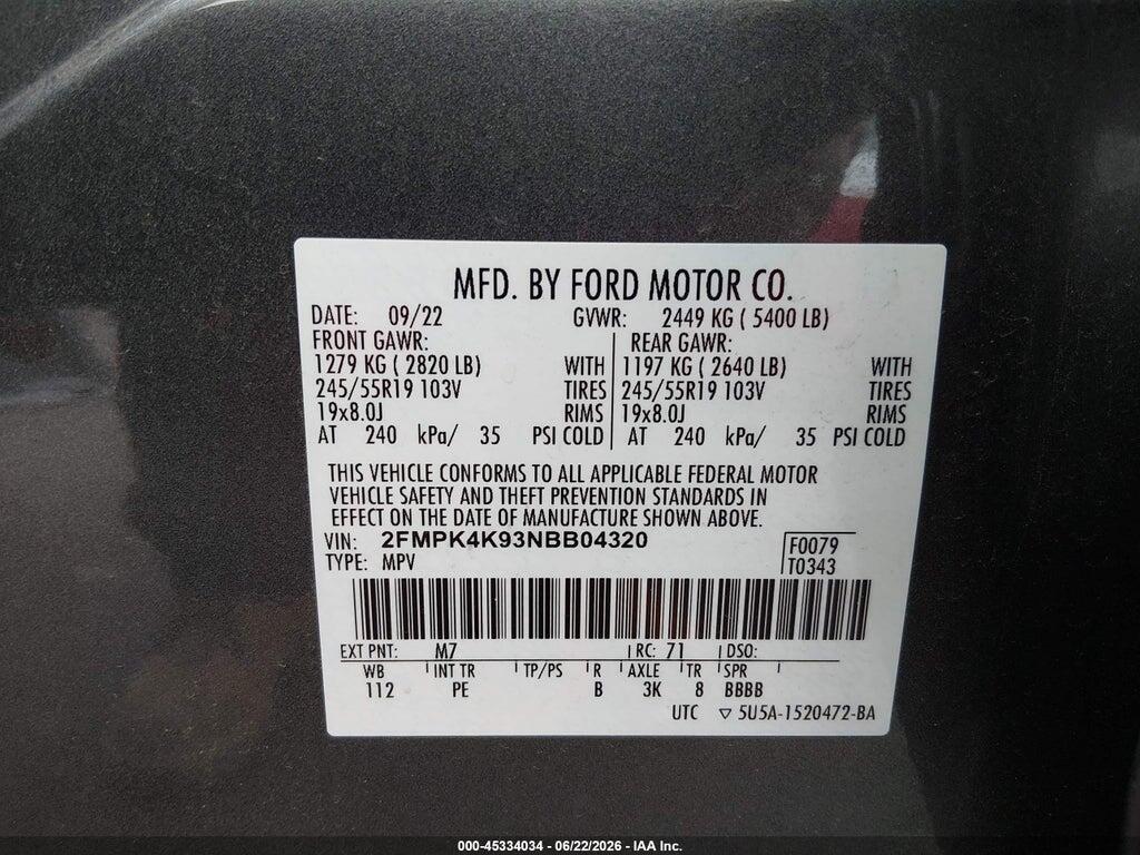 2FMPK4K93NBB04320 2022 FORD EDGE photo no. 9