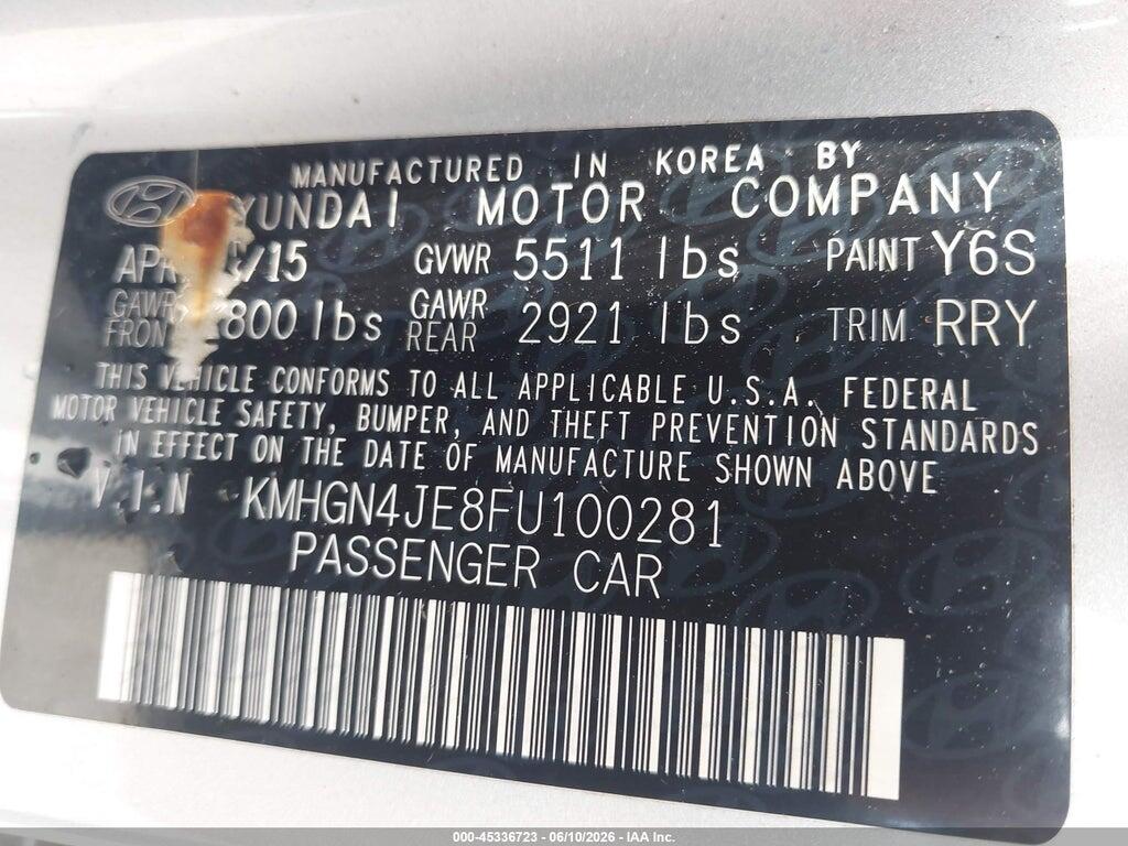 KMHGN4JE8FU100281 2015 HYUNDAI GENESIS photo no. 9