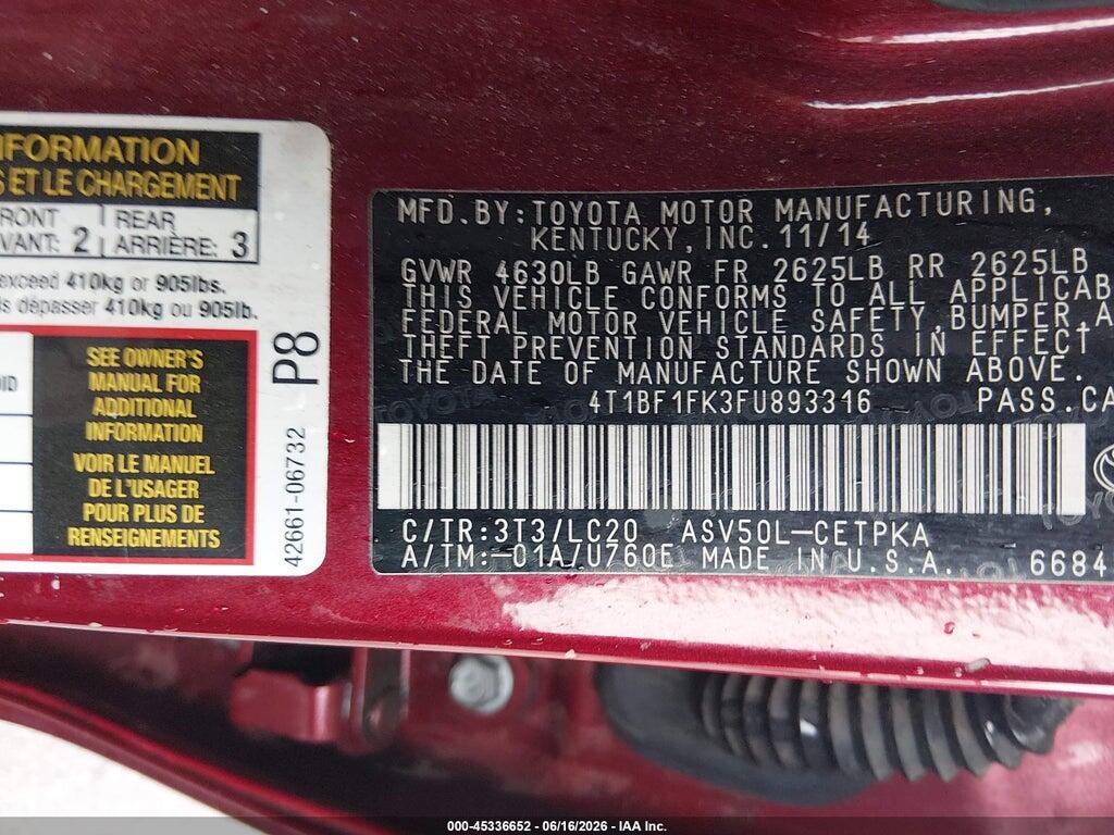 4T1BF1FK3FU893316 2015 TOYOTA CAMRY photo no. 9