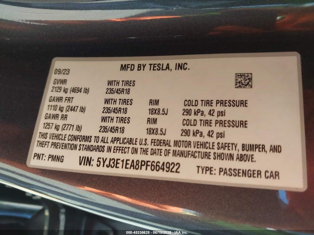 5YJ3E1EA8PF664922 2023 TESLA MODEL 3 photo no. 9