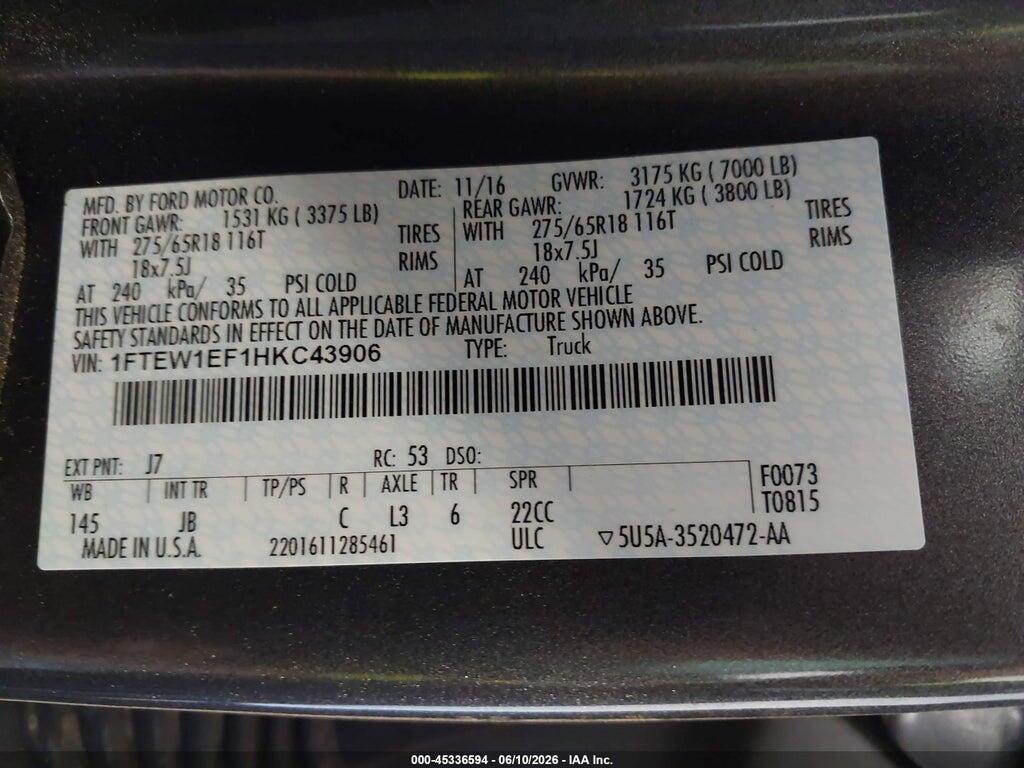 1FTEW1EF1HKC43906 2017 FORD F-150 photo no. 9