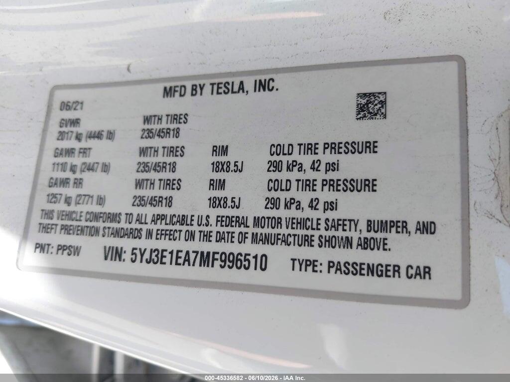 5YJ3E1EA7MF996510 2021 TESLA MODEL 3 photo no. 9