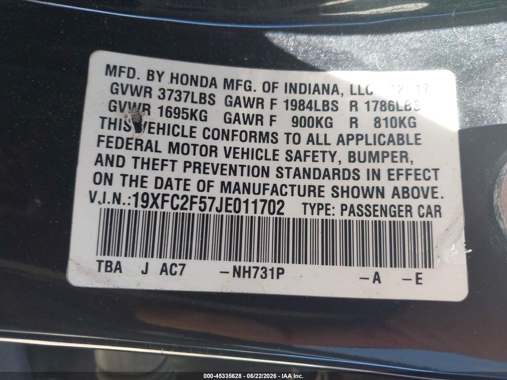 19XFC2F57JE011702 2018 HONDA CIVIC photo no. 9