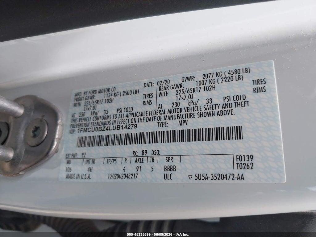 1FMCU0BZ4LUB14279 2020 FORD ESCAPE photo no. 9