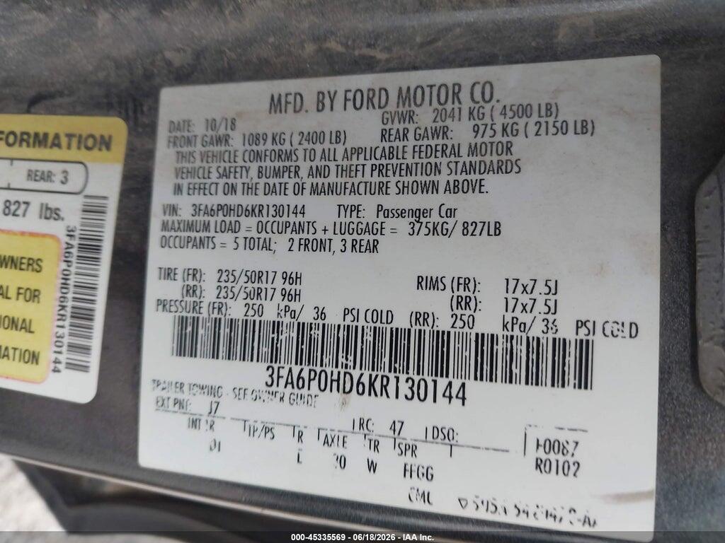3FA6P0HD6KR130144 2019 FORD FUSION photo no. 9
