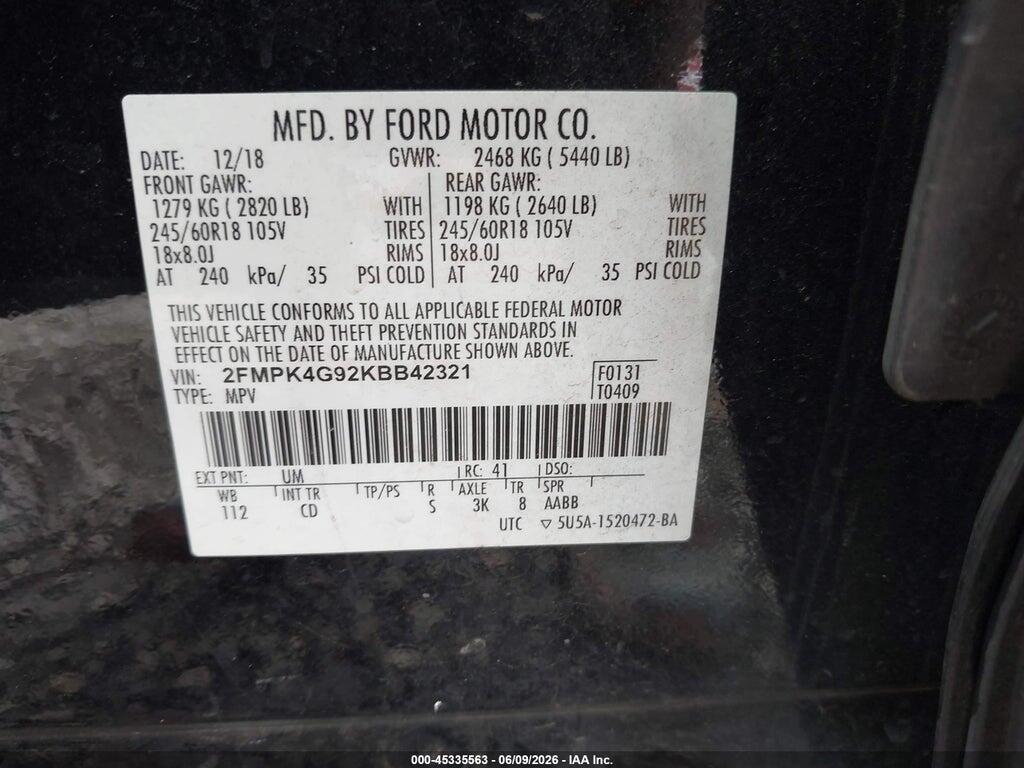2FMPK4G92KBB42321 2019 FORD EDGE photo no. 9
