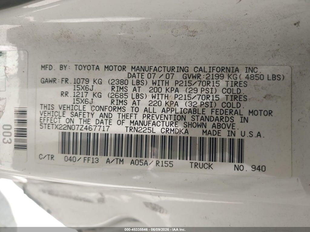5TETX22N07Z467717 2007 TOYOTA TACOMA photo no. 9