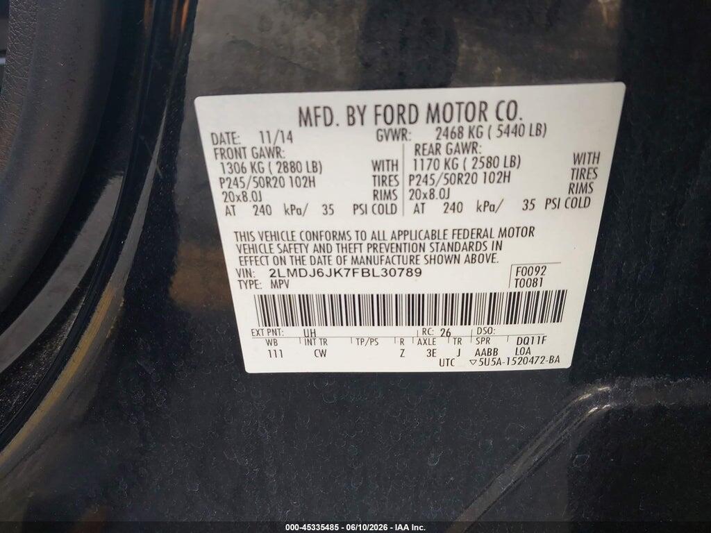 2LMDJ6JK7FBL30789 2015 LINCOLN MKX photo no. 9