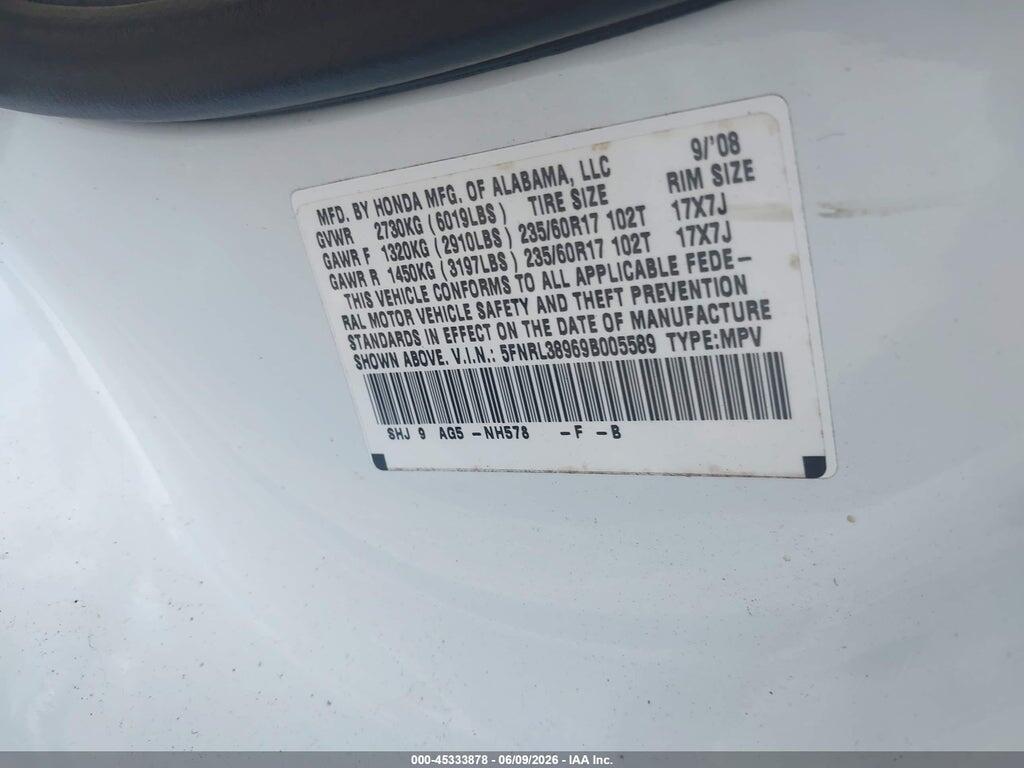5FNRL38969B005589 2009 HONDA ODYSSEY photo no. 9
