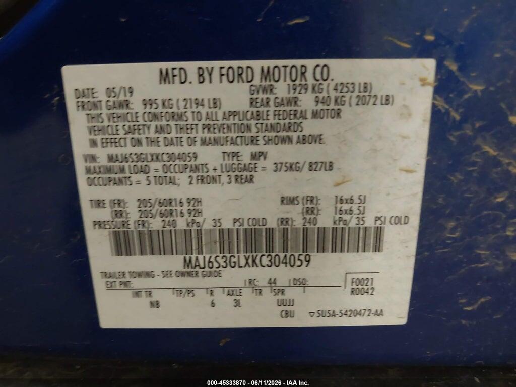 MAJ6S3GLXKC304059 2019 FORD ECOSPORT photo no. 9