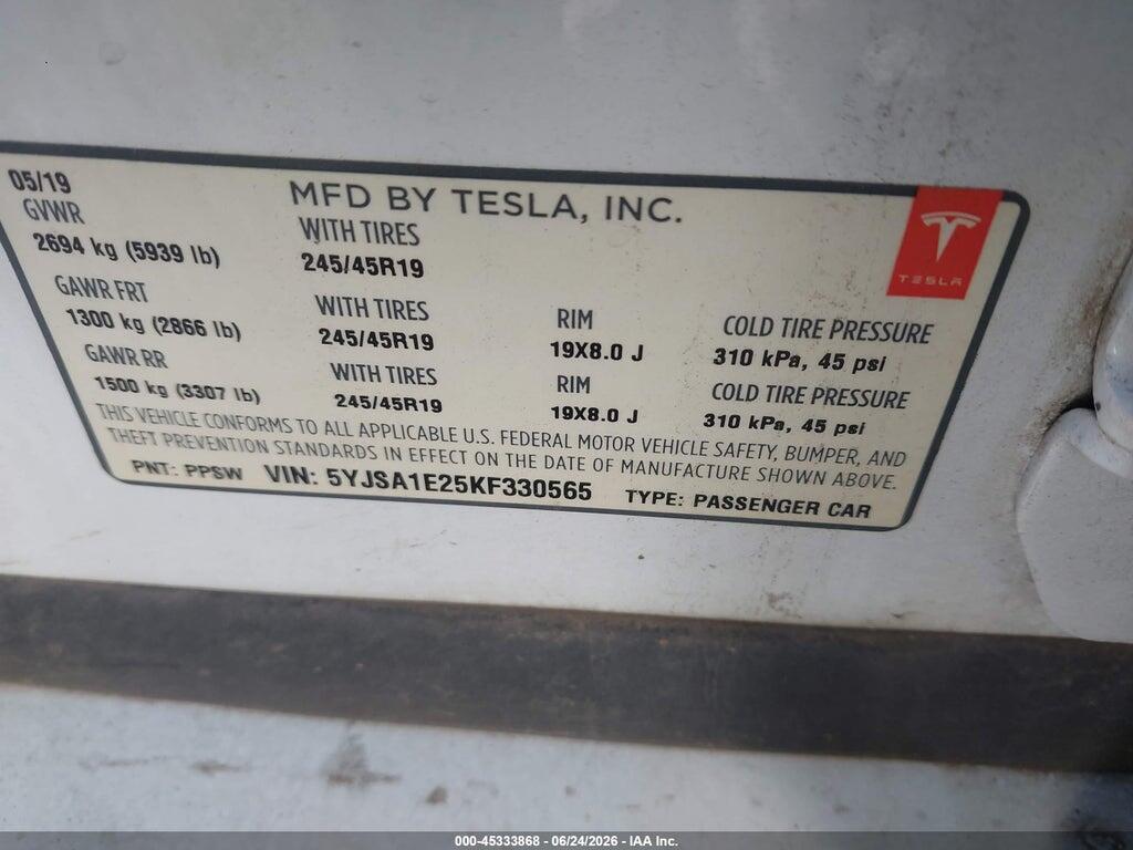 5YJSA1E25KF330565 2019 TESLA MODEL S photo no. 9