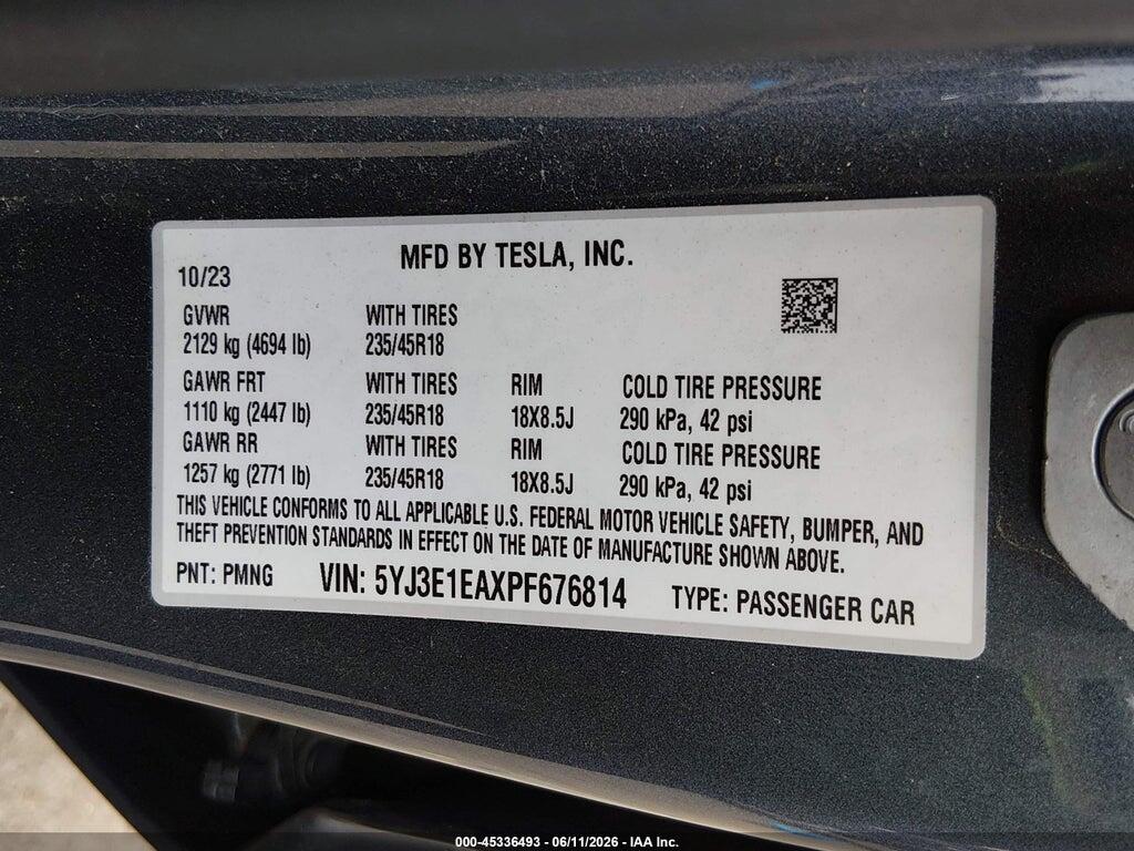 5YJ3E1EAXPF676814 2023 TESLA MODEL 3 photo no. 9