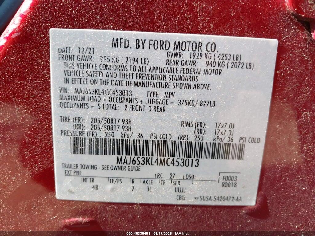 MAJ6S3KL4MC453013 2021 FORD ECOSPORT photo no. 9