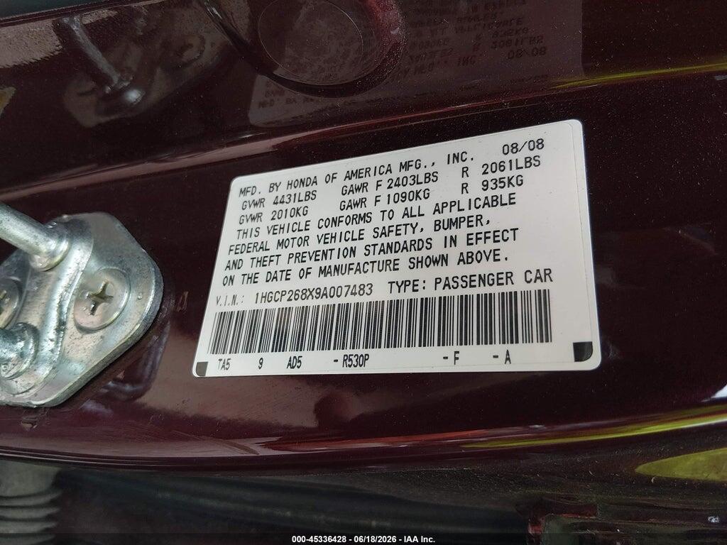 1HGCP268X9A007483 2009 HONDA ACCORD photo no. 9
