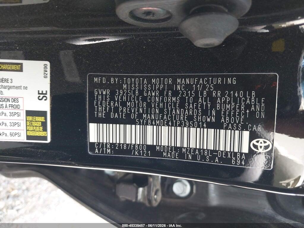 5YFB4MDE4TP395014 2026 TOYOTA COROLLA photo no. 9
