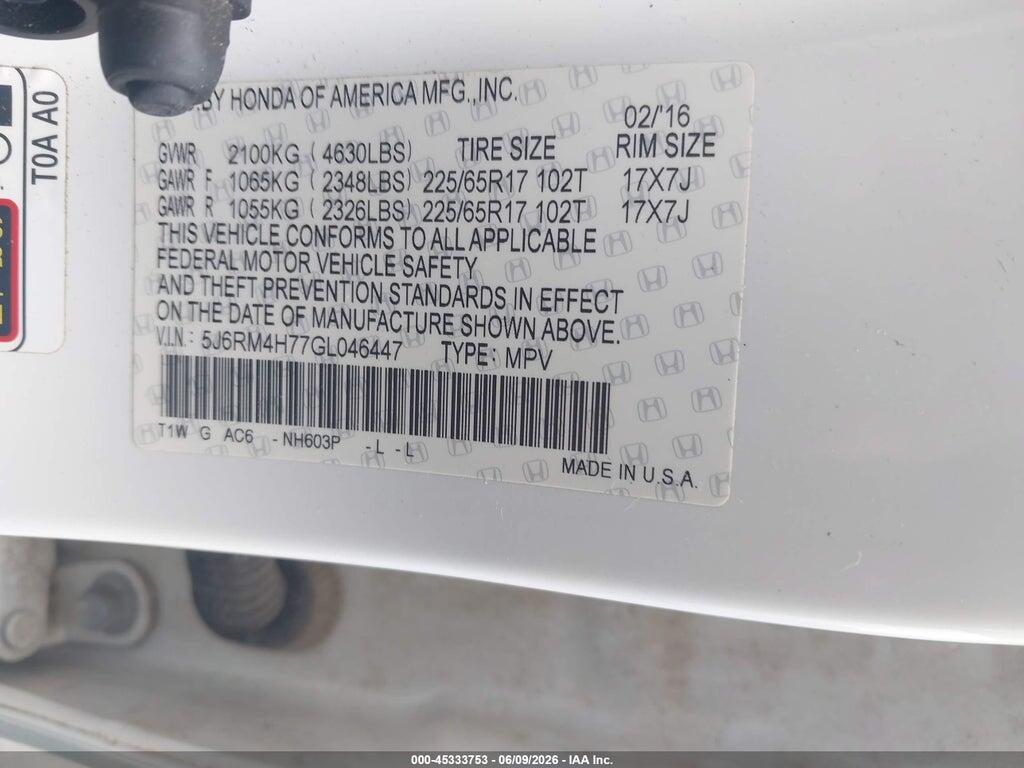 5J6RM4H77GL046447 2016 HONDA CR-V photo no. 9