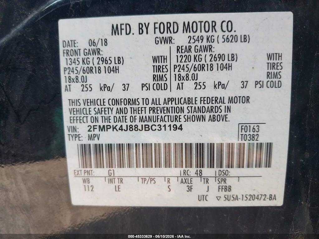 2FMPK4J88JBC31194 2018 FORD EDGE photo no. 9