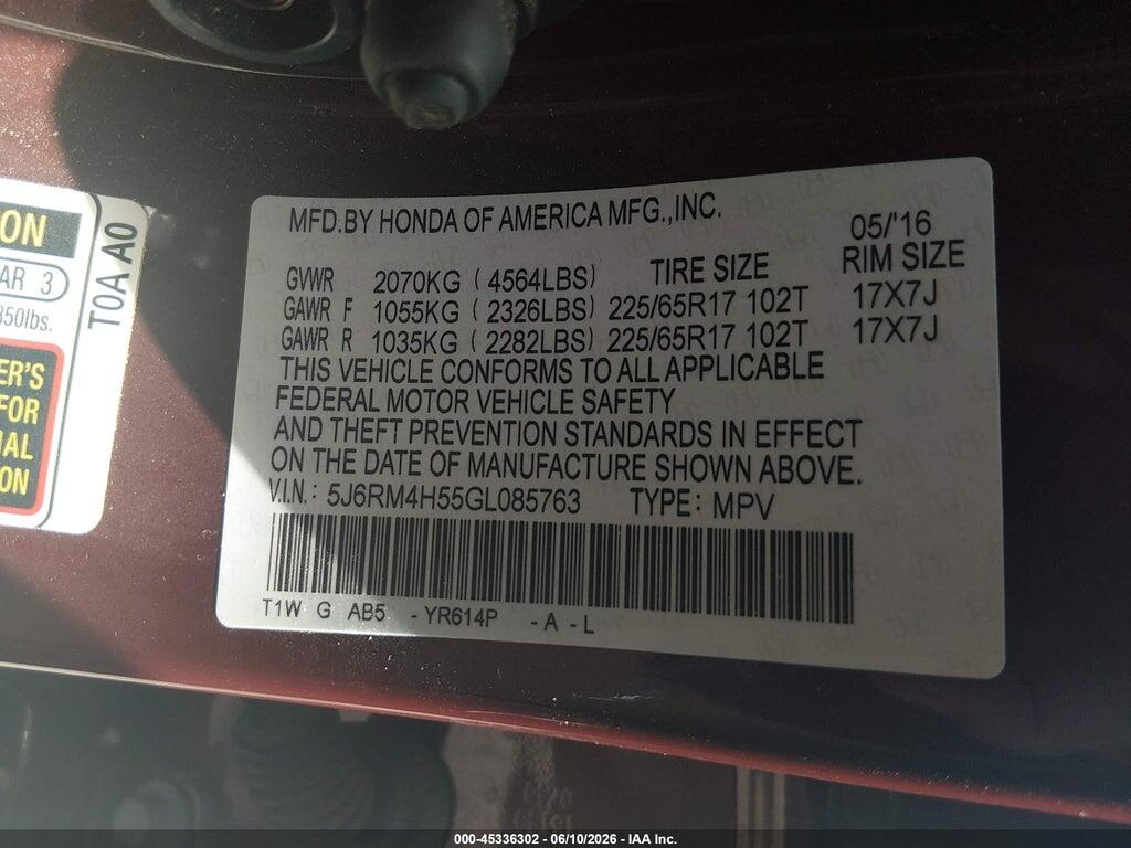 5J6RM4H55GL085763 2016 HONDA CR-V photo no. 9