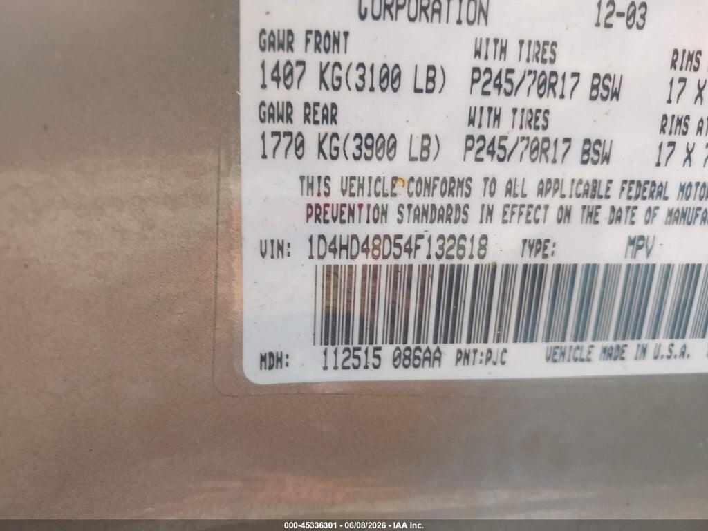 1D4HD48D54F132618 2004 DODGE DURANGO photo no. 9