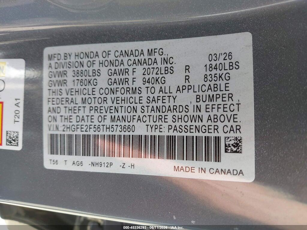 2HGFE2F56TH573660 2026 HONDA CIVIC photo no. 9
