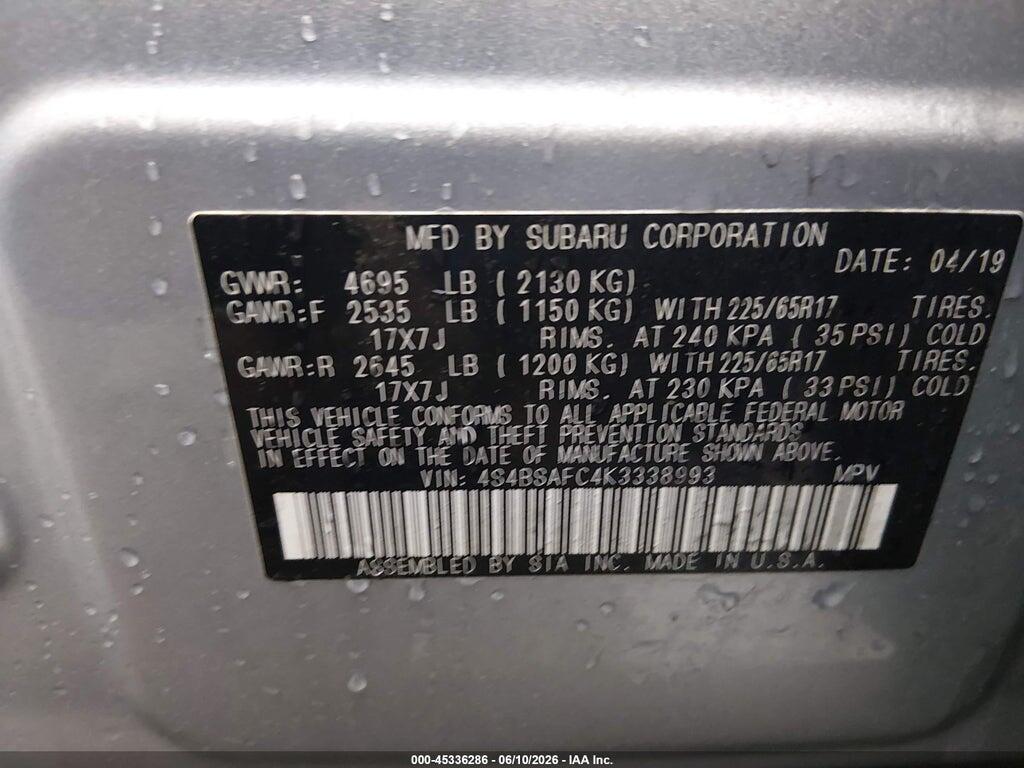 4S4BSAFC4K3338993 2019 SUBARU OUTBACK photo no. 9