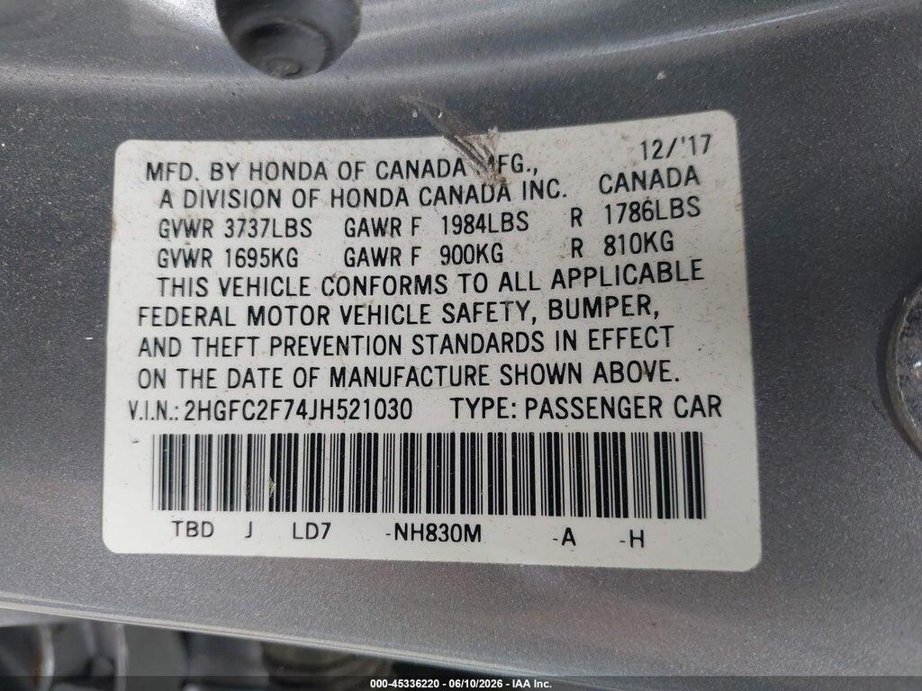 2HGFC2F74JH521030 2018 HONDA CIVIC photo no. 9