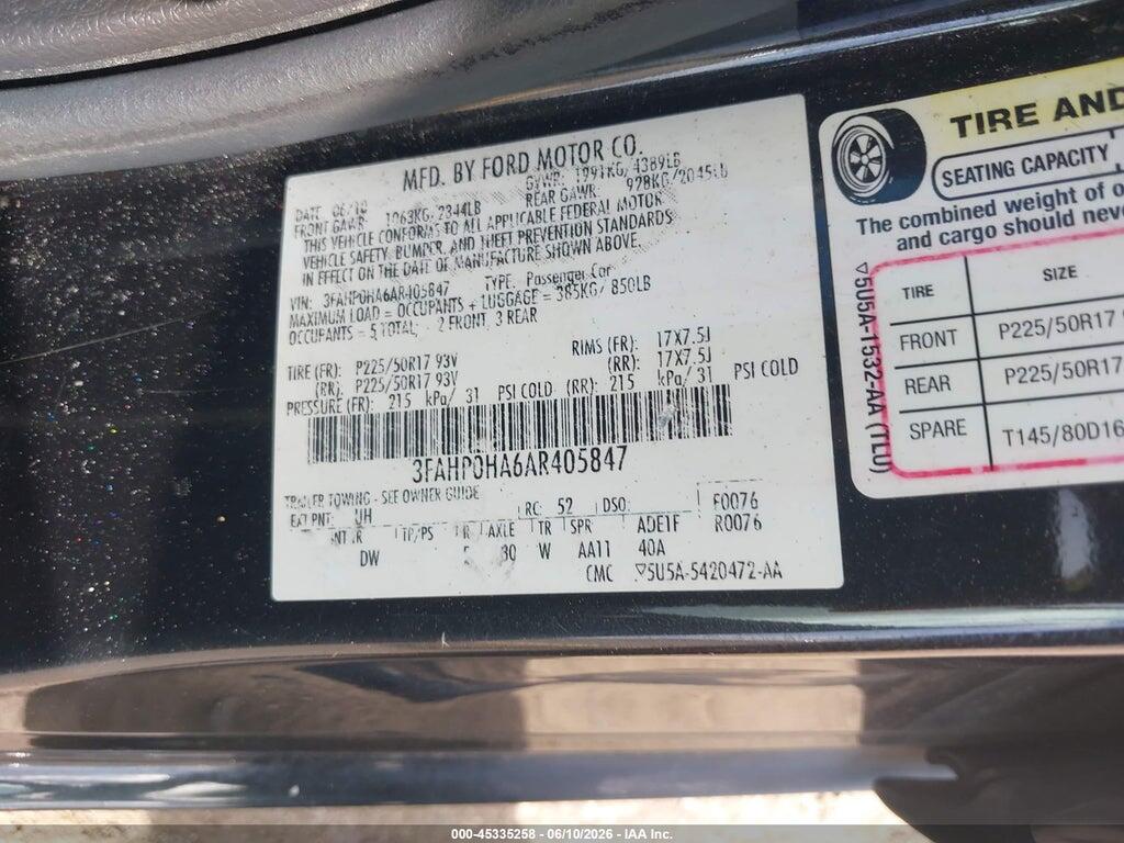 3FAHP0HA6AR405847 2010 FORD FUSION photo no. 9