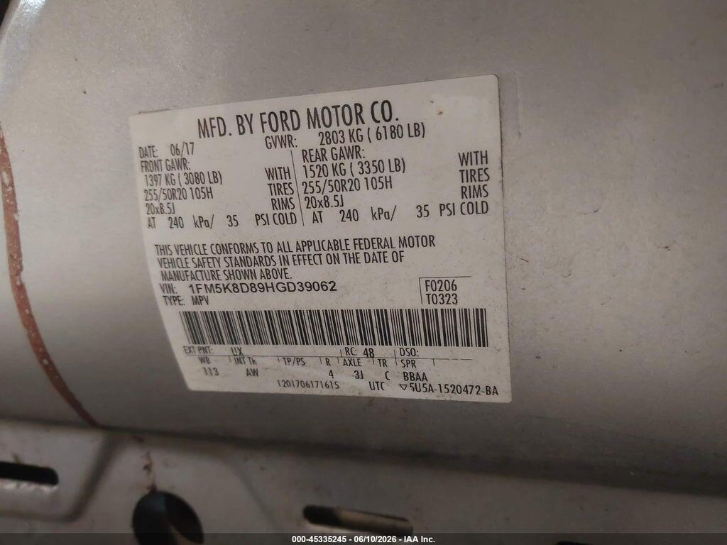 1FM5K8D89HGD39062 2017 FORD EXPLORER photo no. 9