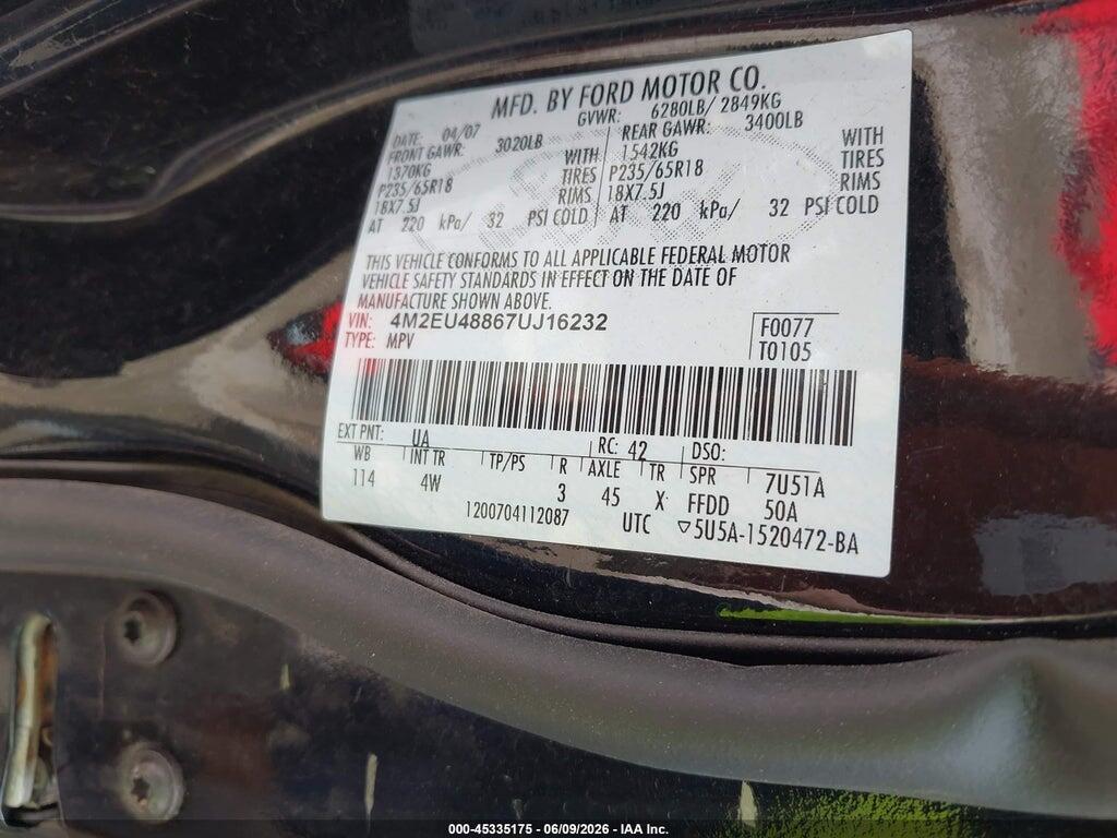 4M2EU48867UJ16232 2007 MERCURY MOUNTAINEER photo no. 9