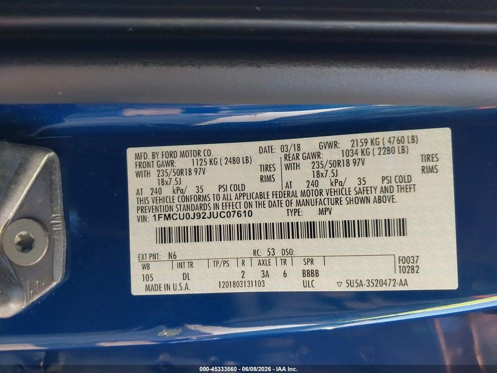 1FMCU0J92JUC07610 2018 FORD ESCAPE photo no. 9