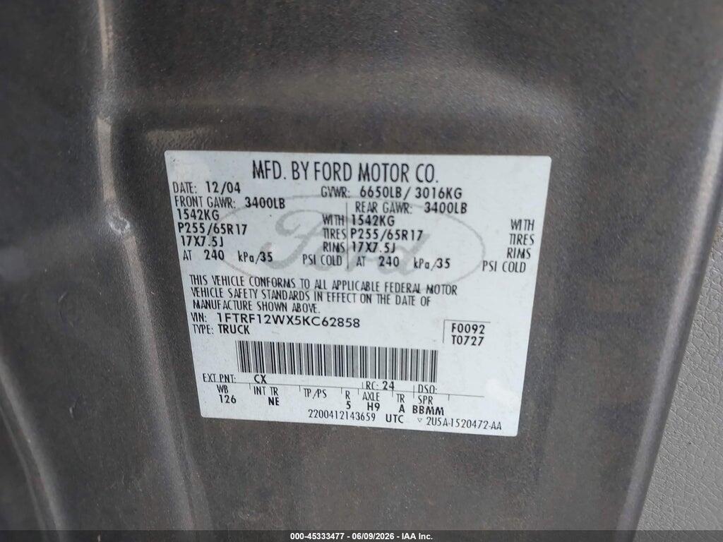 1FTRF12WX5KC62858 2005 FORD F-150 photo no. 9