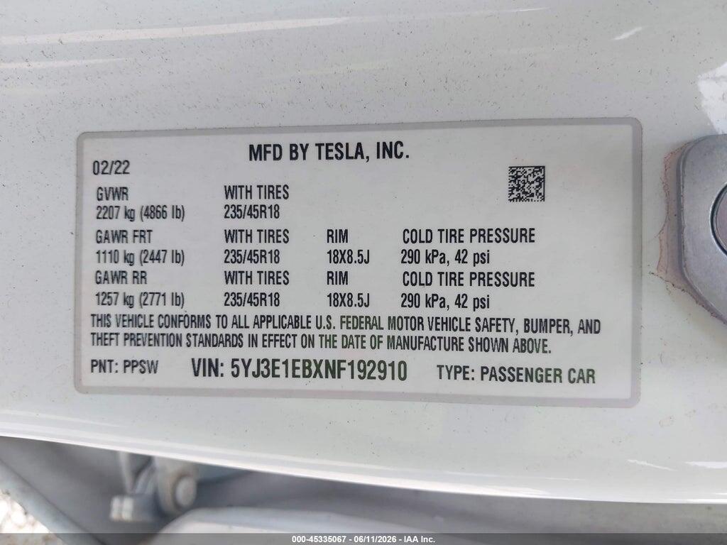 5YJ3E1EBXNF192910 2022 TESLA MODEL 3 photo no. 9