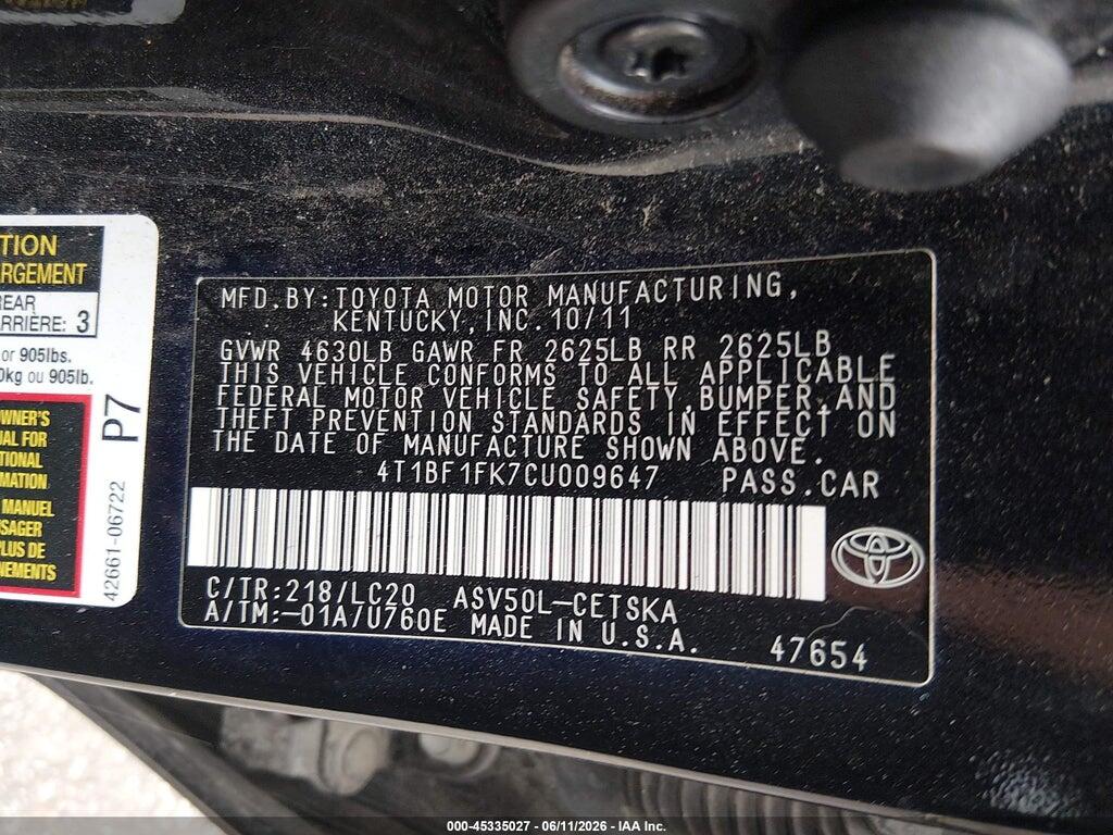 4T1BF1FK7CU009647 2012 TOYOTA CAMRY photo no. 9