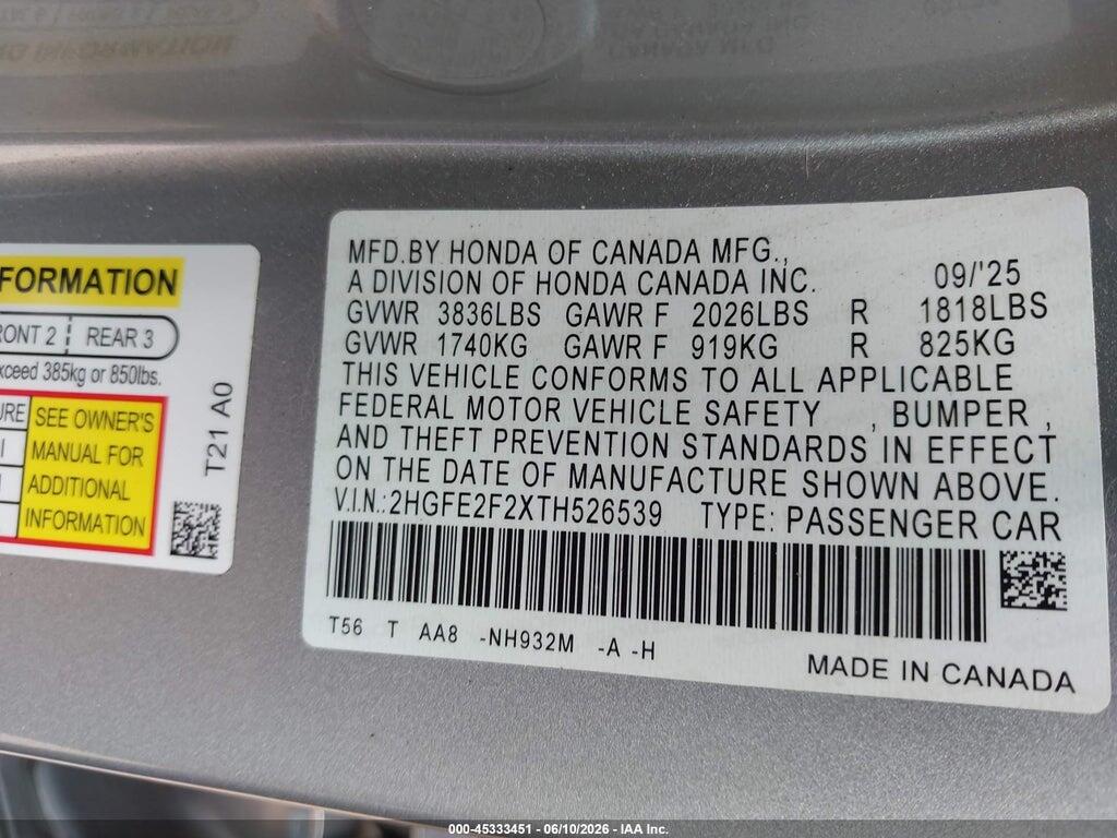 2HGFE2F2XTH526539 2026 HONDA CIVIC photo no. 9