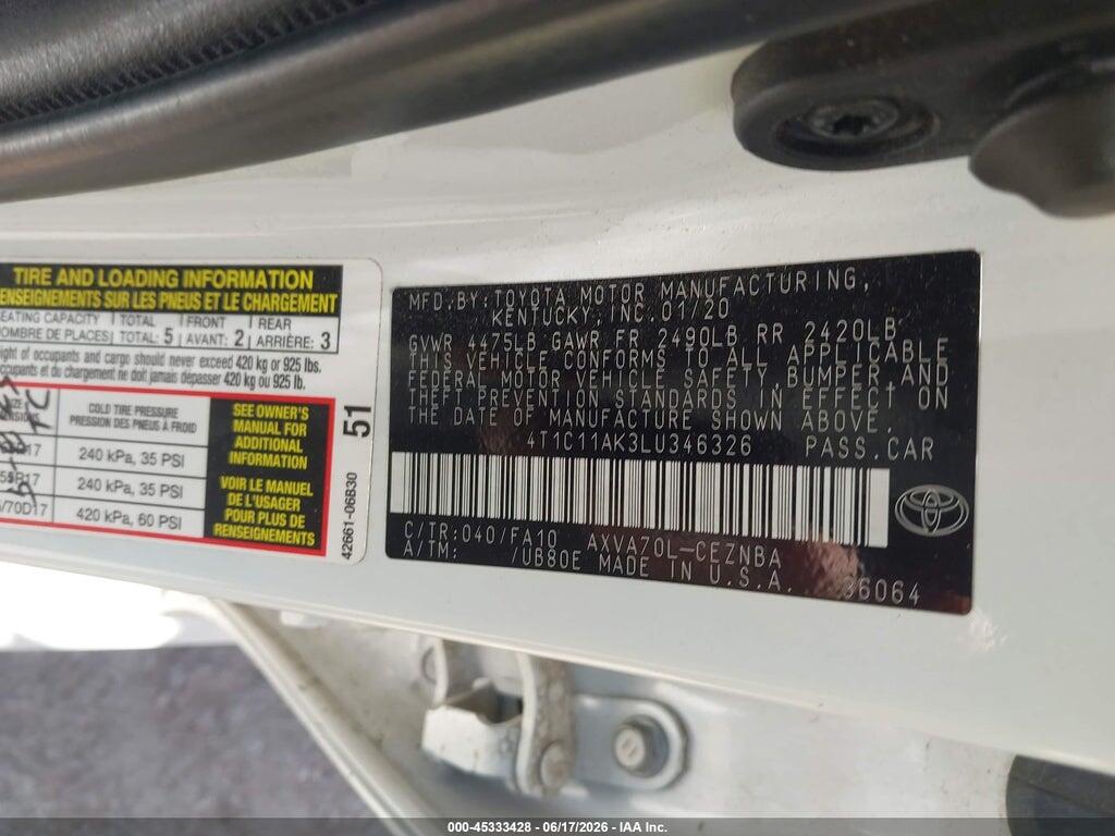 4T1C11AK3LU346326 2020 TOYOTA CAMRY photo no. 9
