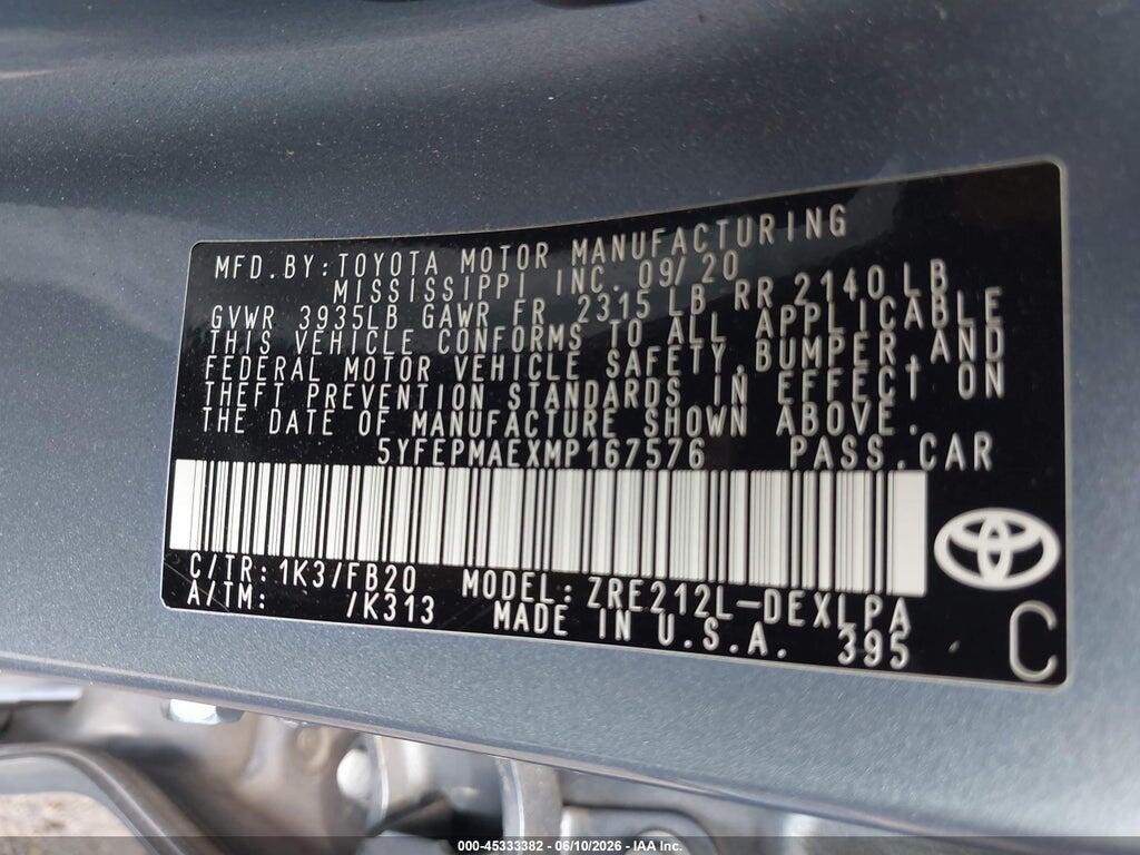 5YFEPMAEXMP167576 2021 TOYOTA COROLLA photo no. 9