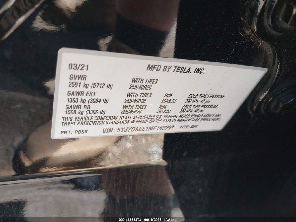 5YJYGAEE1MF143992 2021 TESLA MODEL Y photo no. 9