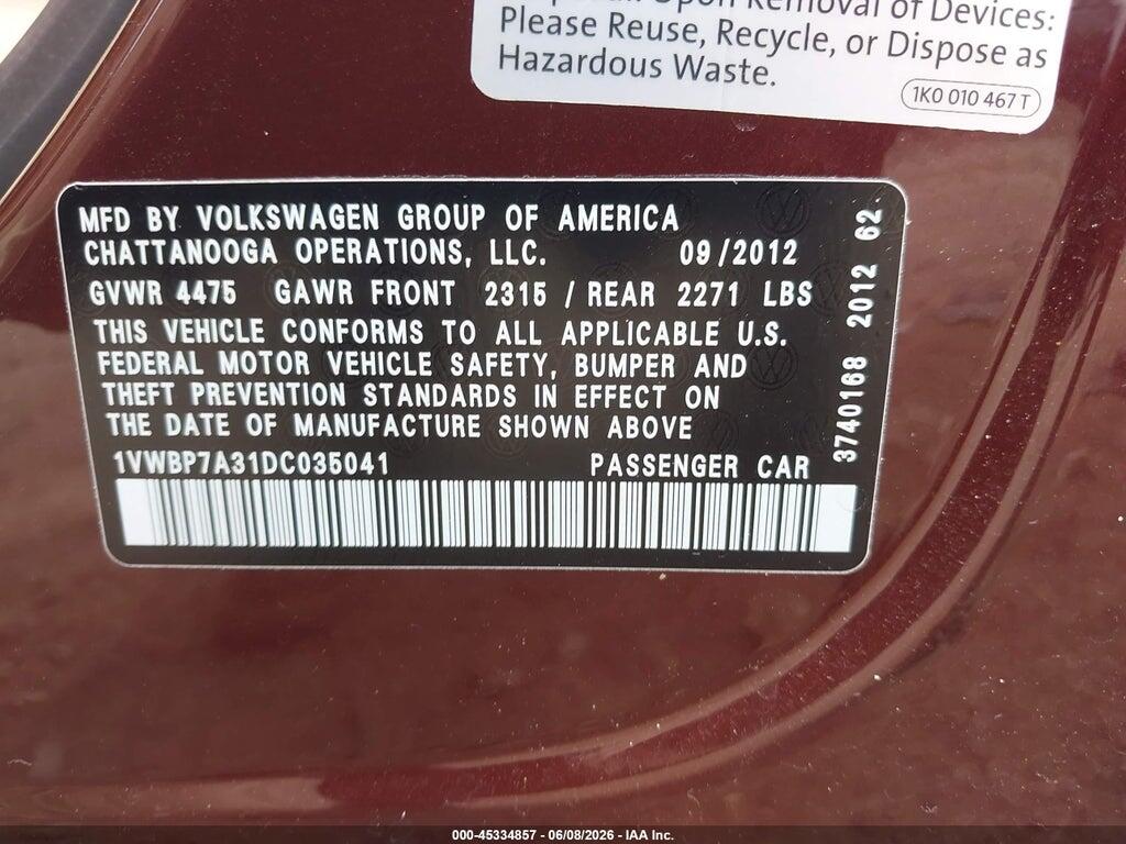1VWBP7A31DC035041 2013 VOLKSWAGEN PASSAT photo no. 9