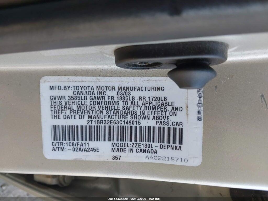 2T1BR32E63C149015 2003 TOYOTA COROLLA photo no. 9