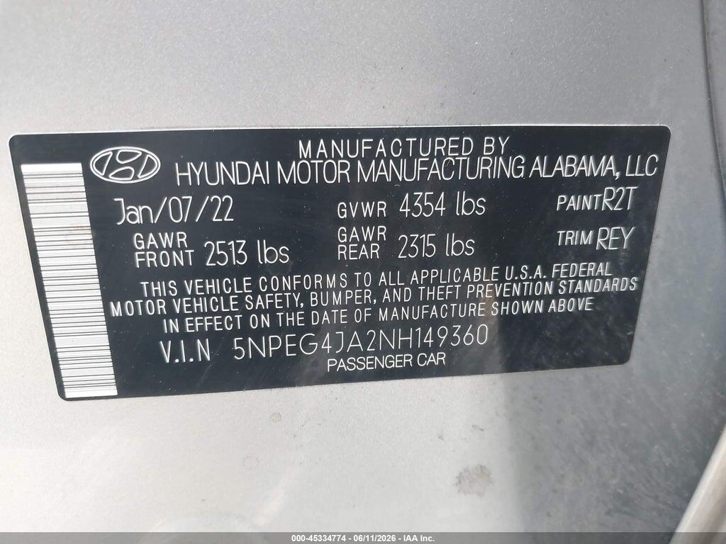5NPEG4JA2NH149360 2022 HYUNDAI SONATA photo no. 9