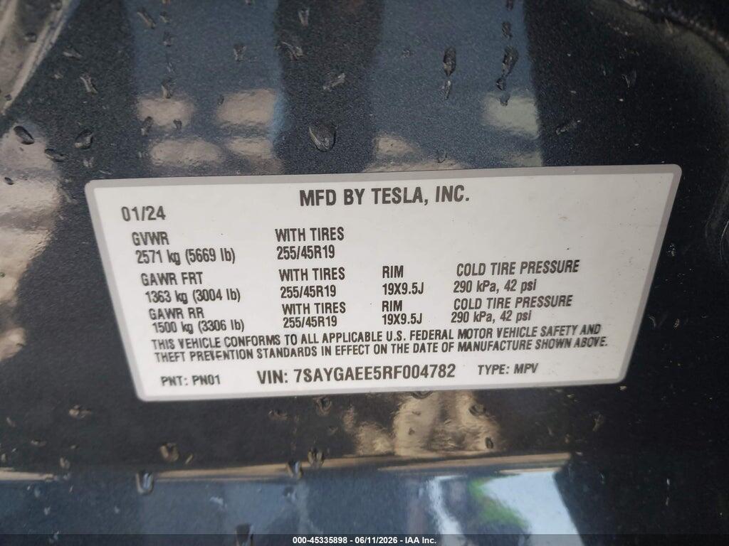 7SAYGAEE5RF004782 2024 TESLA MODEL Y photo no. 9