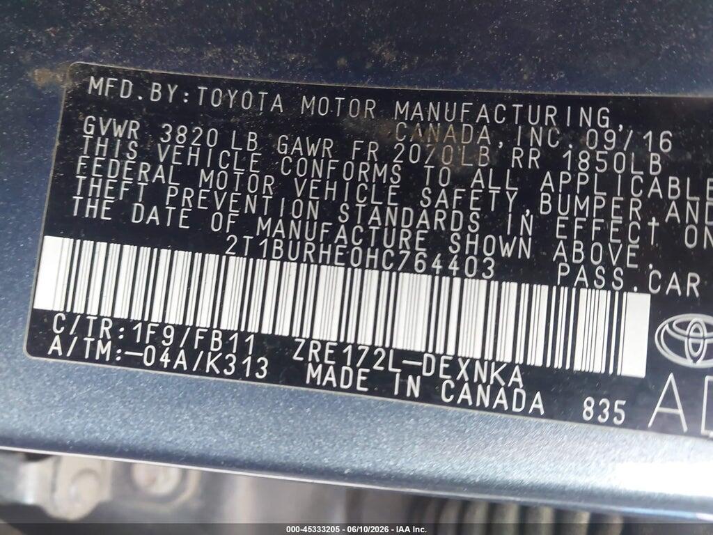 2T1BURHE0HC764403 2017 TOYOTA COROLLA photo no. 9